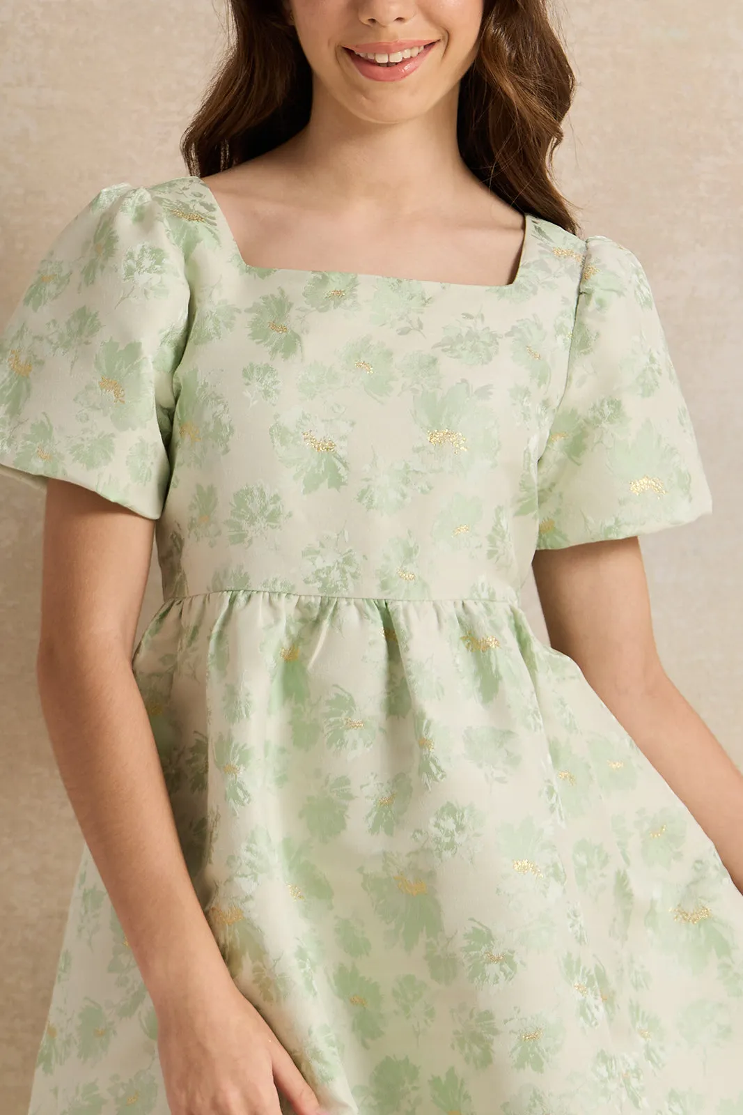 Senior Girls Green Floral Jacquard Dress