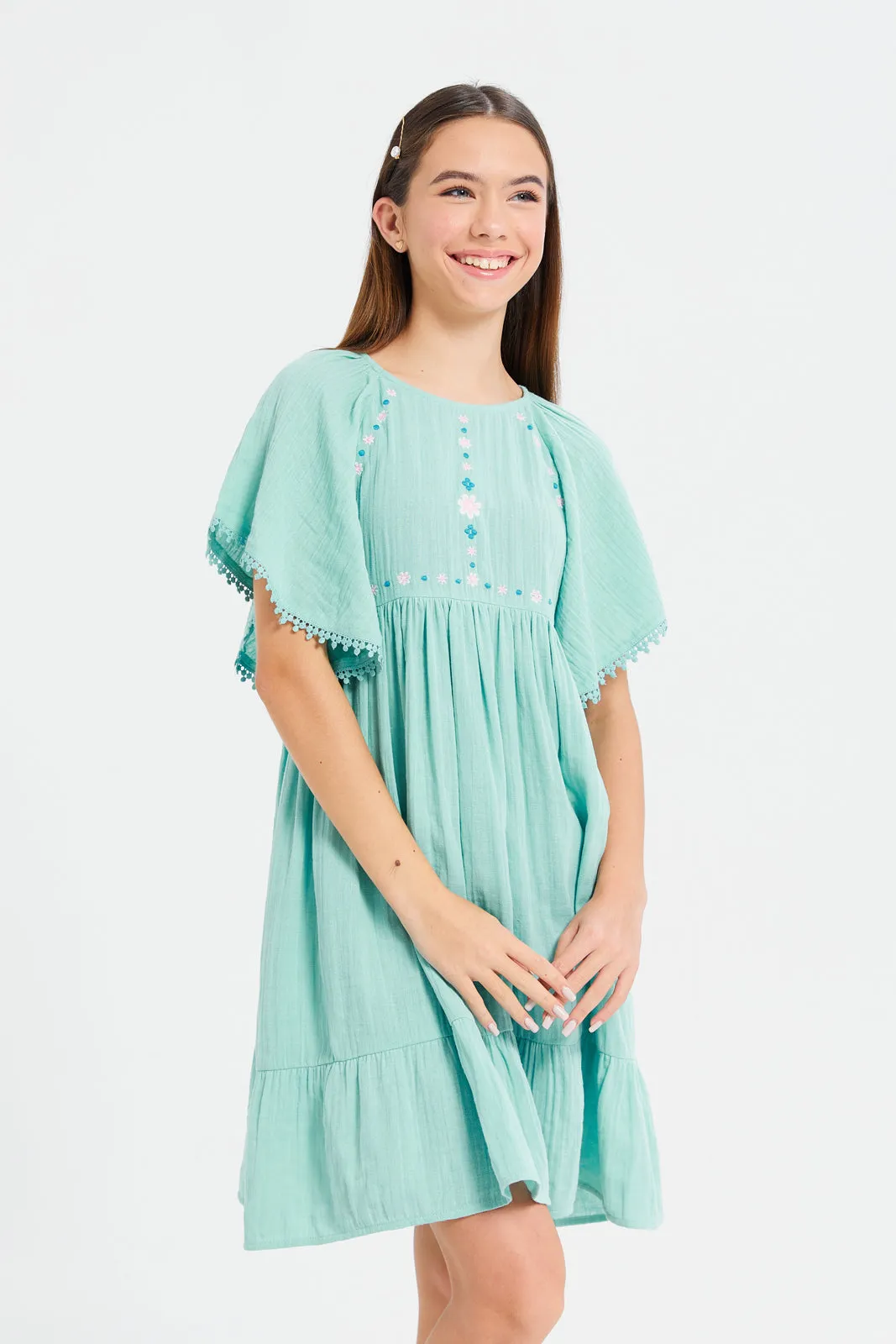 Senior Girls Teal Embroidered Dress