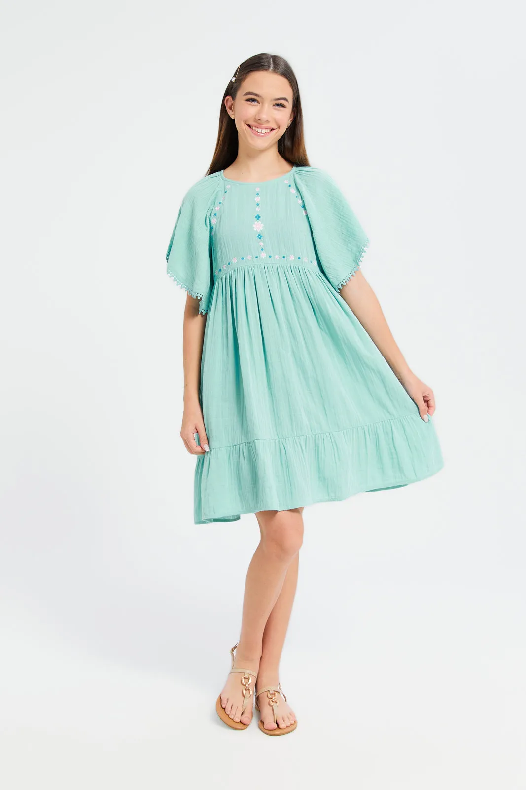 Senior Girls Teal Embroidered Dress