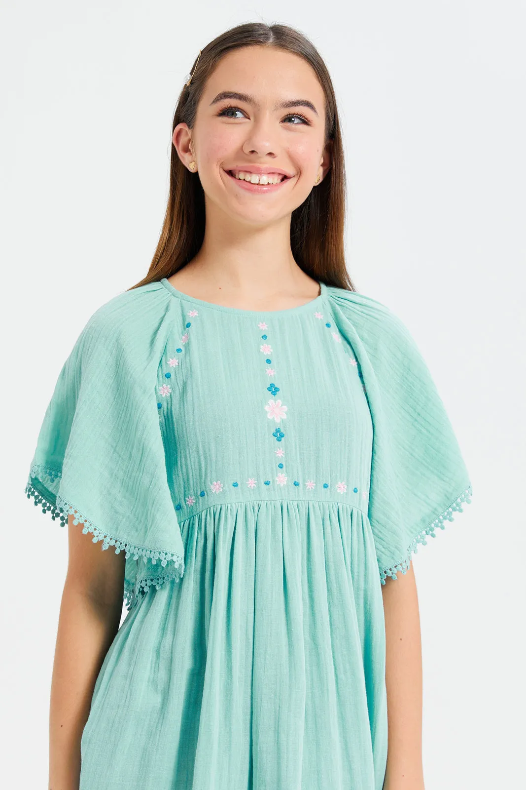 Senior Girls Teal Embroidered Dress