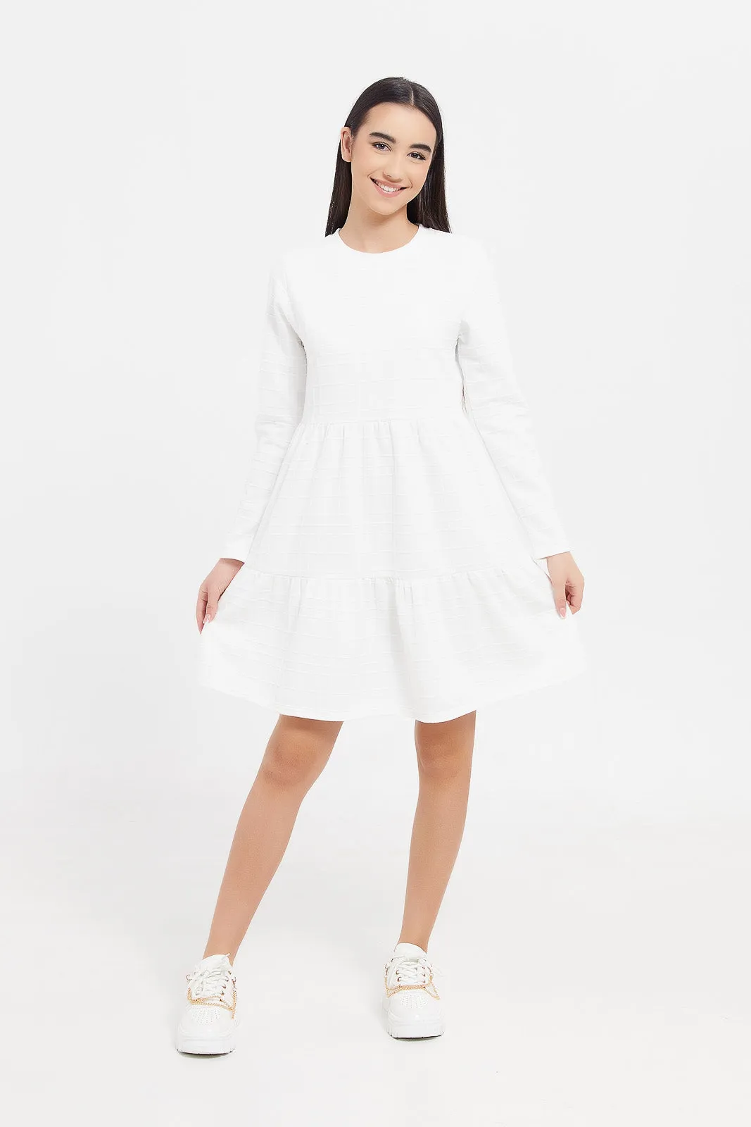 Senior Girls White Jacquard Knitted Layered Dress