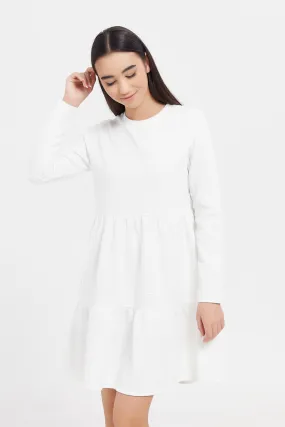 Senior Girls White Jacquard Knitted Layered Dress