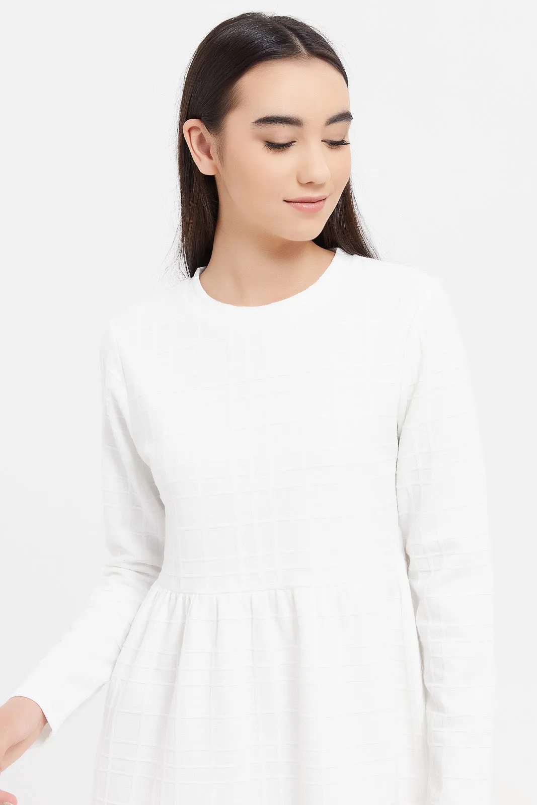 Senior Girls White Jacquard Knitted Layered Dress