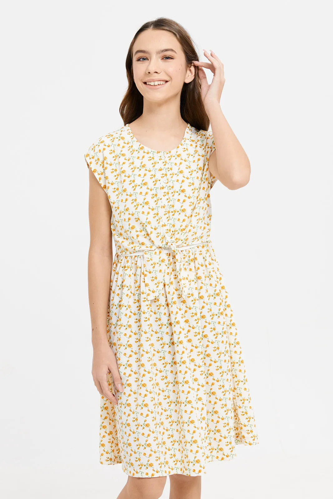 Senior Girls Yellow Floral Printed Dress