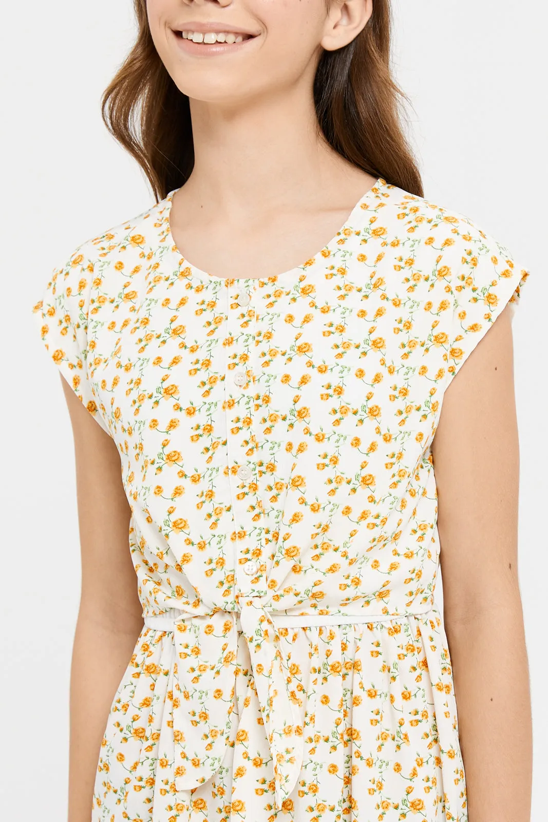 Senior Girls Yellow Floral Printed Dress