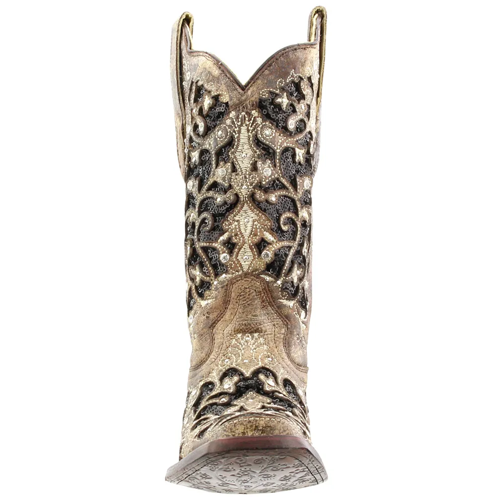 Sequined Tooled-Inlay Square Toe Cowboy Boots