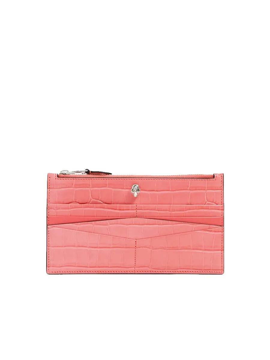 Skull Flat Zip Wallet in Coral Pink