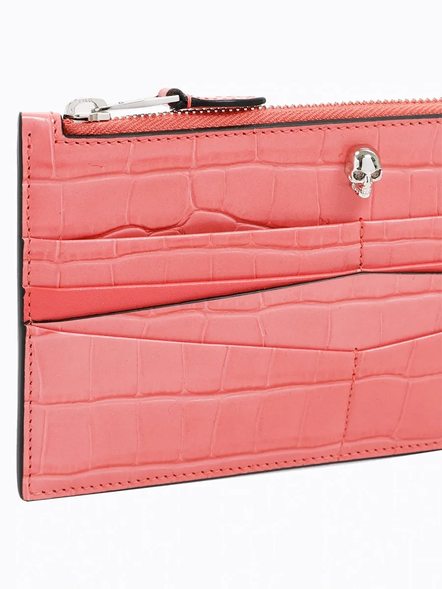 Skull Flat Zip Wallet in Coral Pink