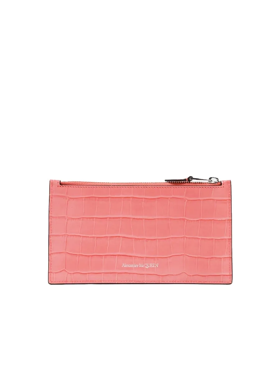 Skull Flat Zip Wallet in Coral Pink