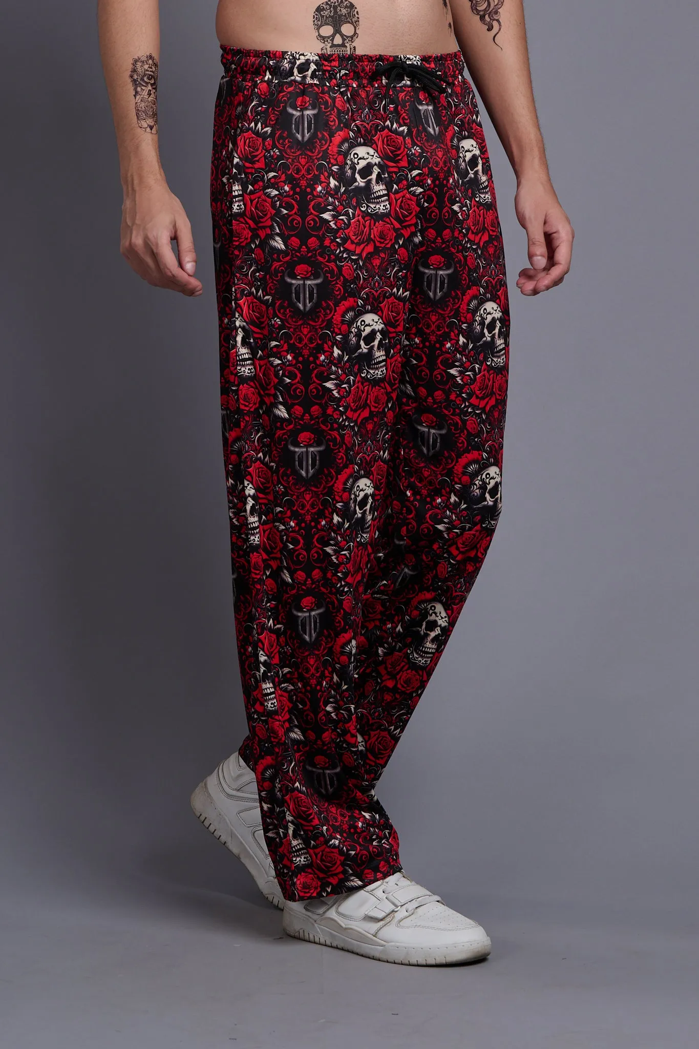 Skull with Rose Printed Red Joggers for Men