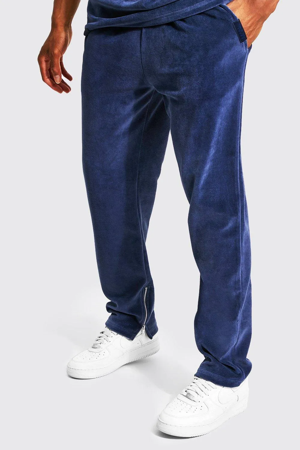 Slim Fit Velour Joggers With Zips | boohooMAN UK