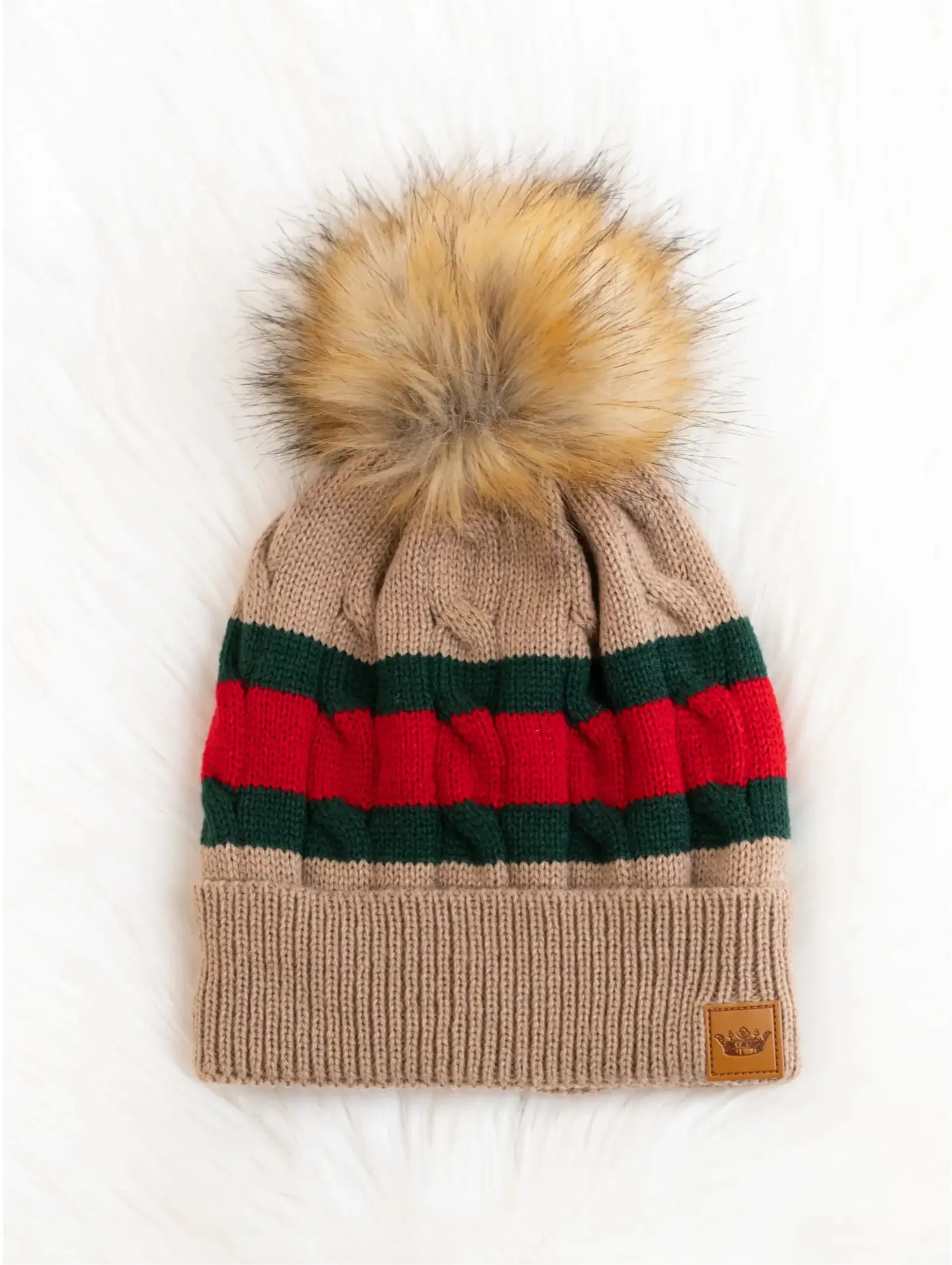 Stripe Knit Hat with Faux Fur Pom