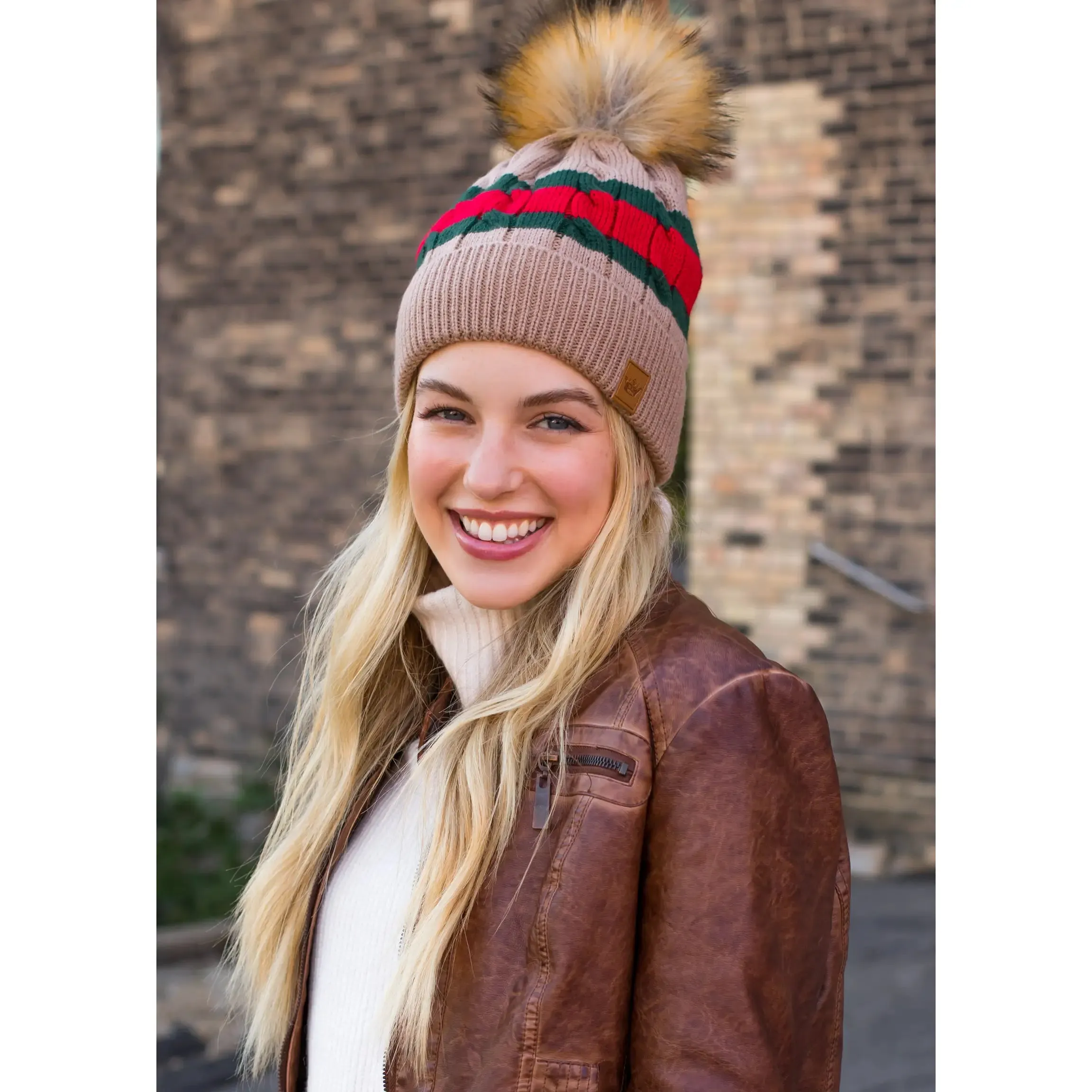 Stripe Knit Hat with Faux Fur Pom