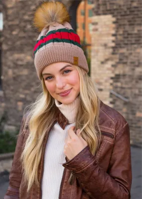 Stripe Knit Hat with Faux Fur Pom