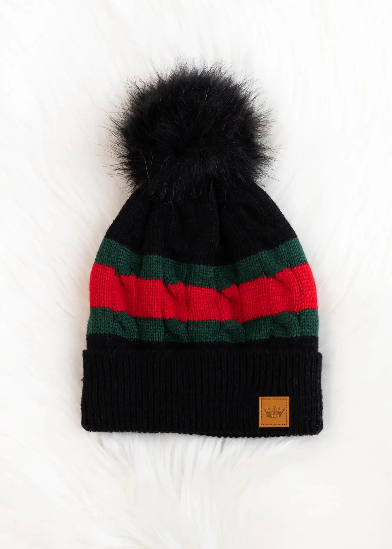 Stripe Knit Hat with Faux Fur Pom