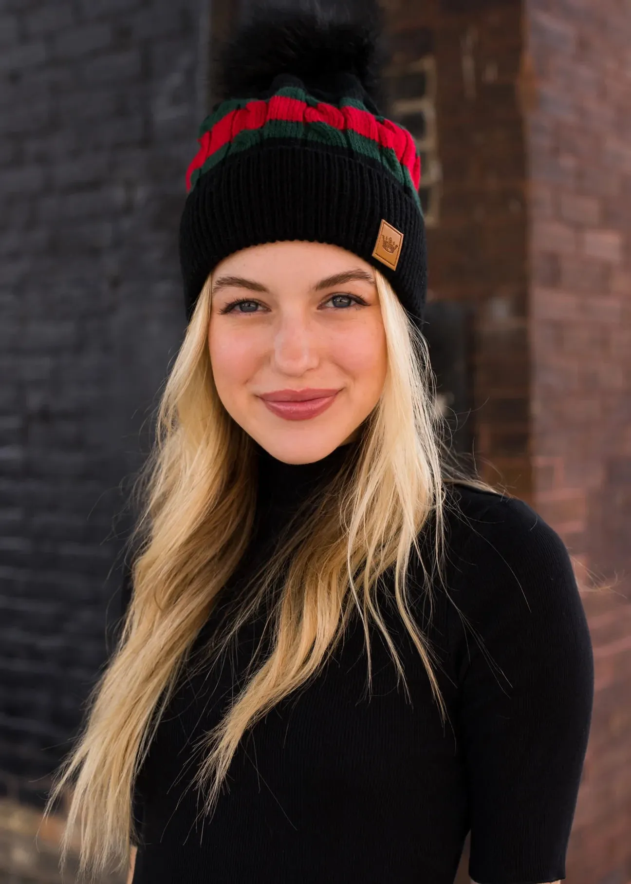 Stripe Knit Hat with Faux Fur Pom