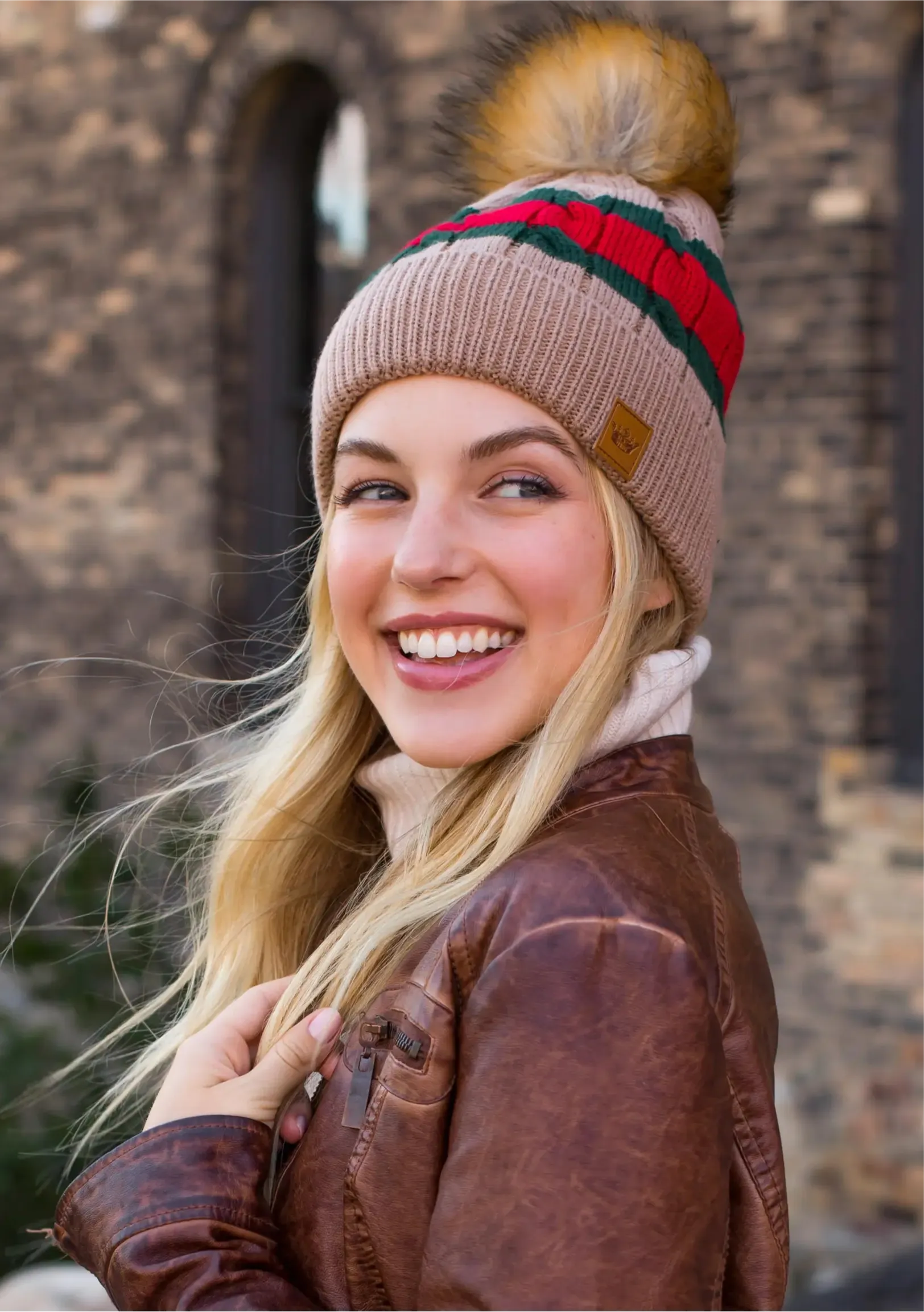 Stripe Knit Hat with Faux Fur Pom