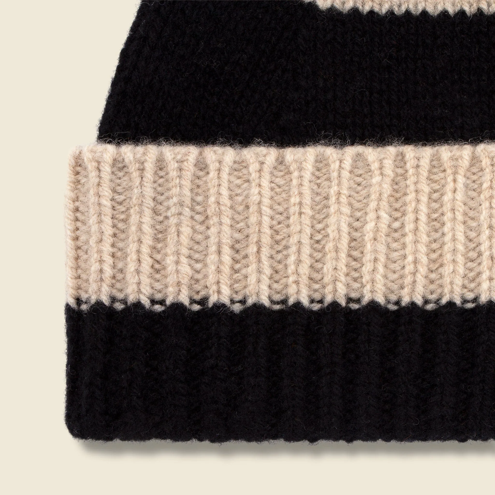 Stripe Pompom Hat - Black/Oatmeal