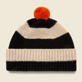 Stripe Pompom Hat - Black/Oatmeal