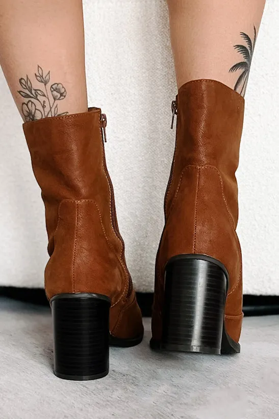 Stylish Conviction Block Heel Booties (Dark Camel)