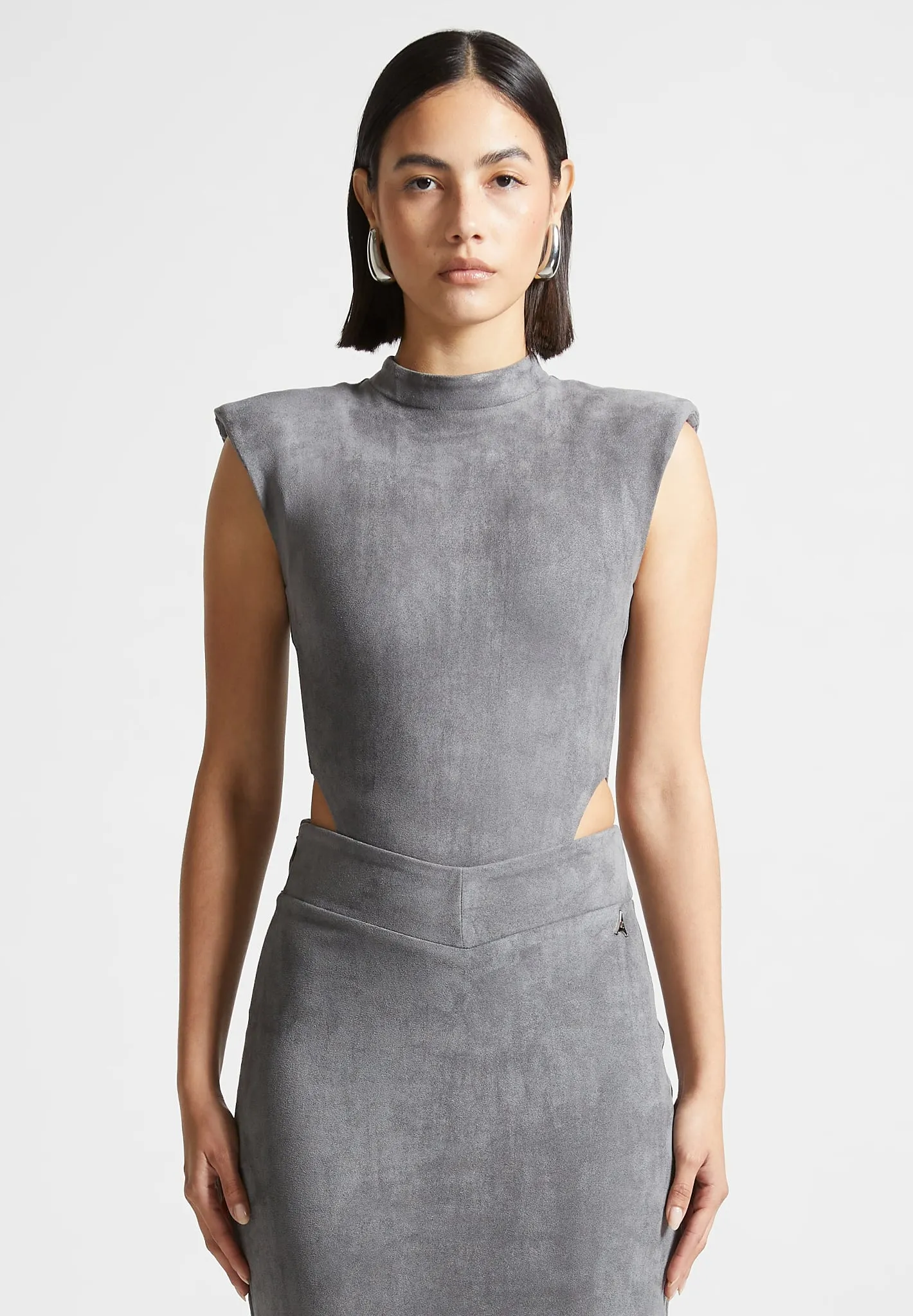 Suede Wide Shoulder Bodysuit - Light Grey