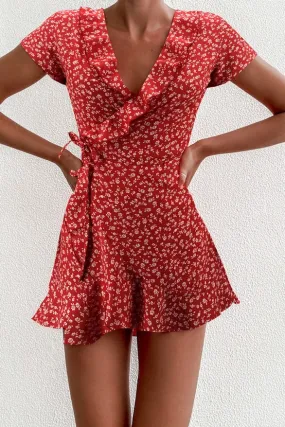 Sweet Floral A-Line Dress with Ruffles V-neck and Bandage - Chic Mini Dress