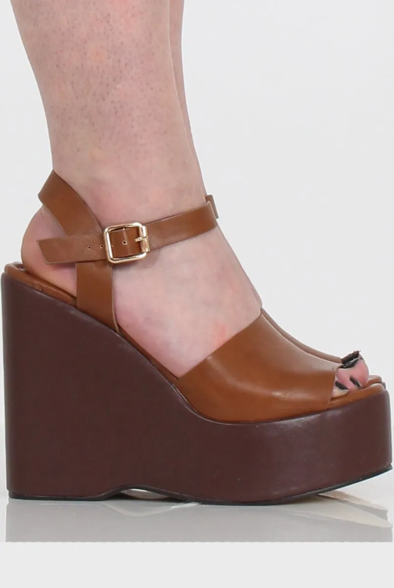 Open Toe Tan PU Wedges in Kendi