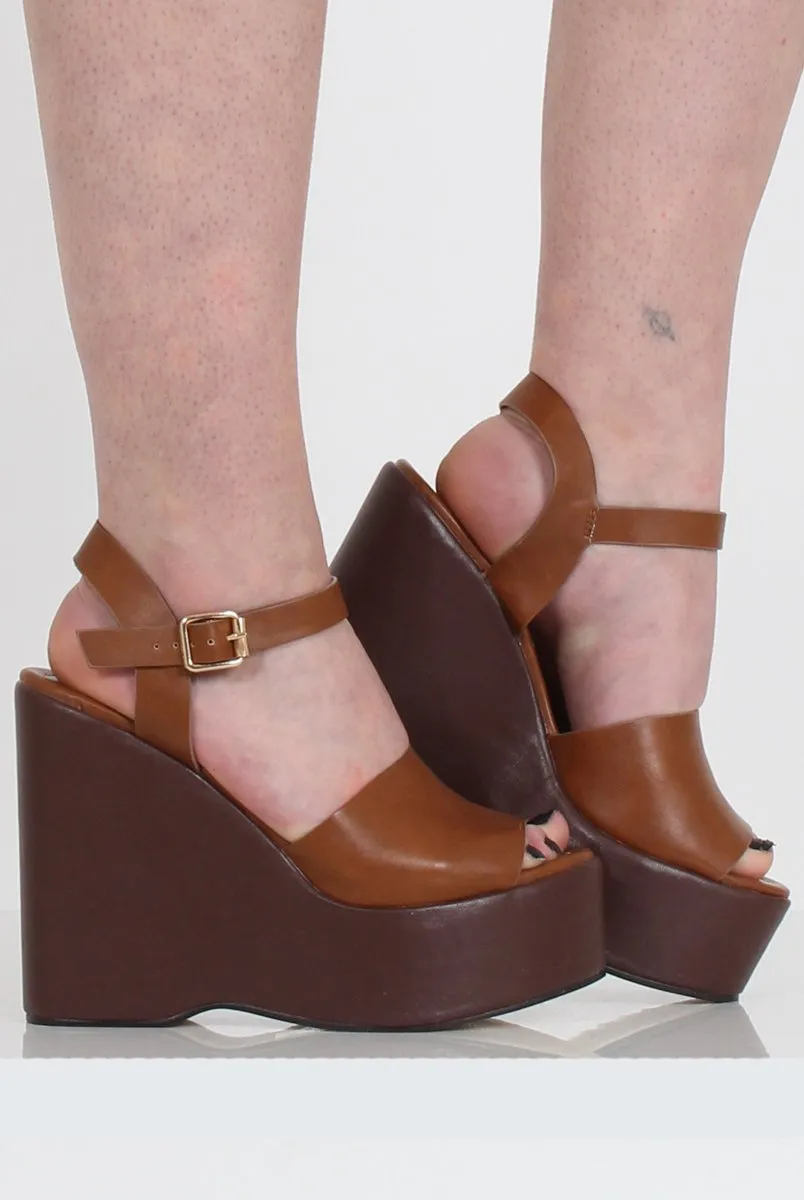 Open Toe Tan PU Wedges in Kendi