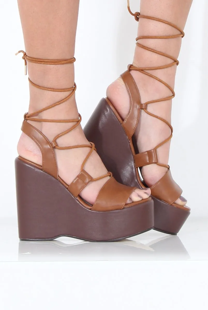 Tan Lace-Up Dayna Wedges