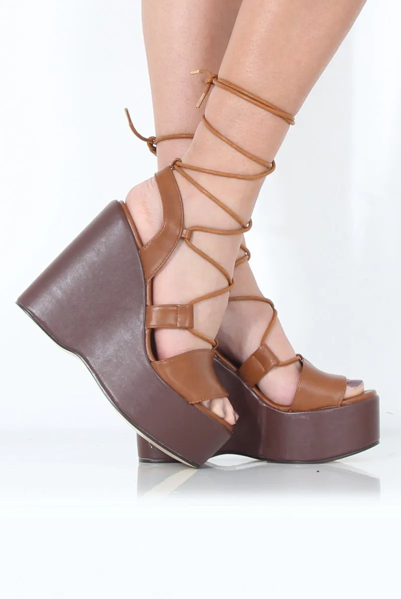 Tan Lace-Up Dayna Wedges