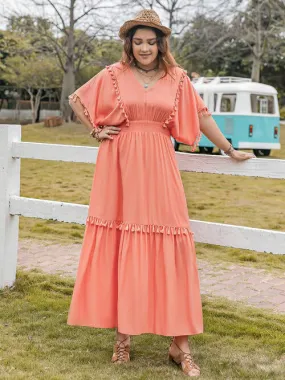 V-Neck Plus Size Dress with Tassel Trim and Ruffle Hem