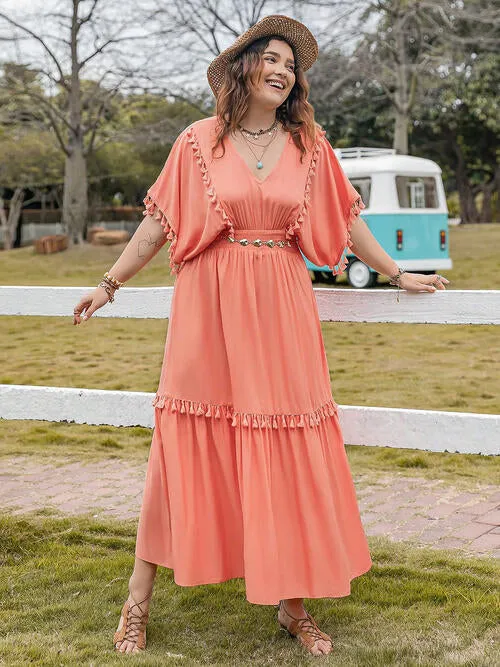 V-Neck Plus Size Dress with Tassel Trim and Ruffle Hem