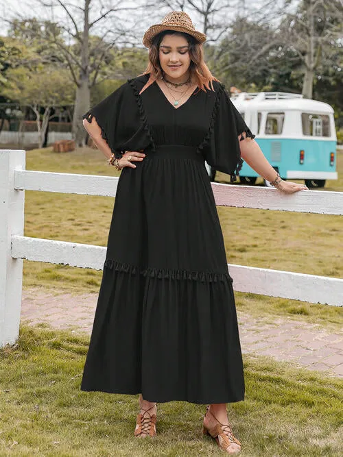 V-Neck Plus Size Dress with Tassel Trim and Ruffle Hem