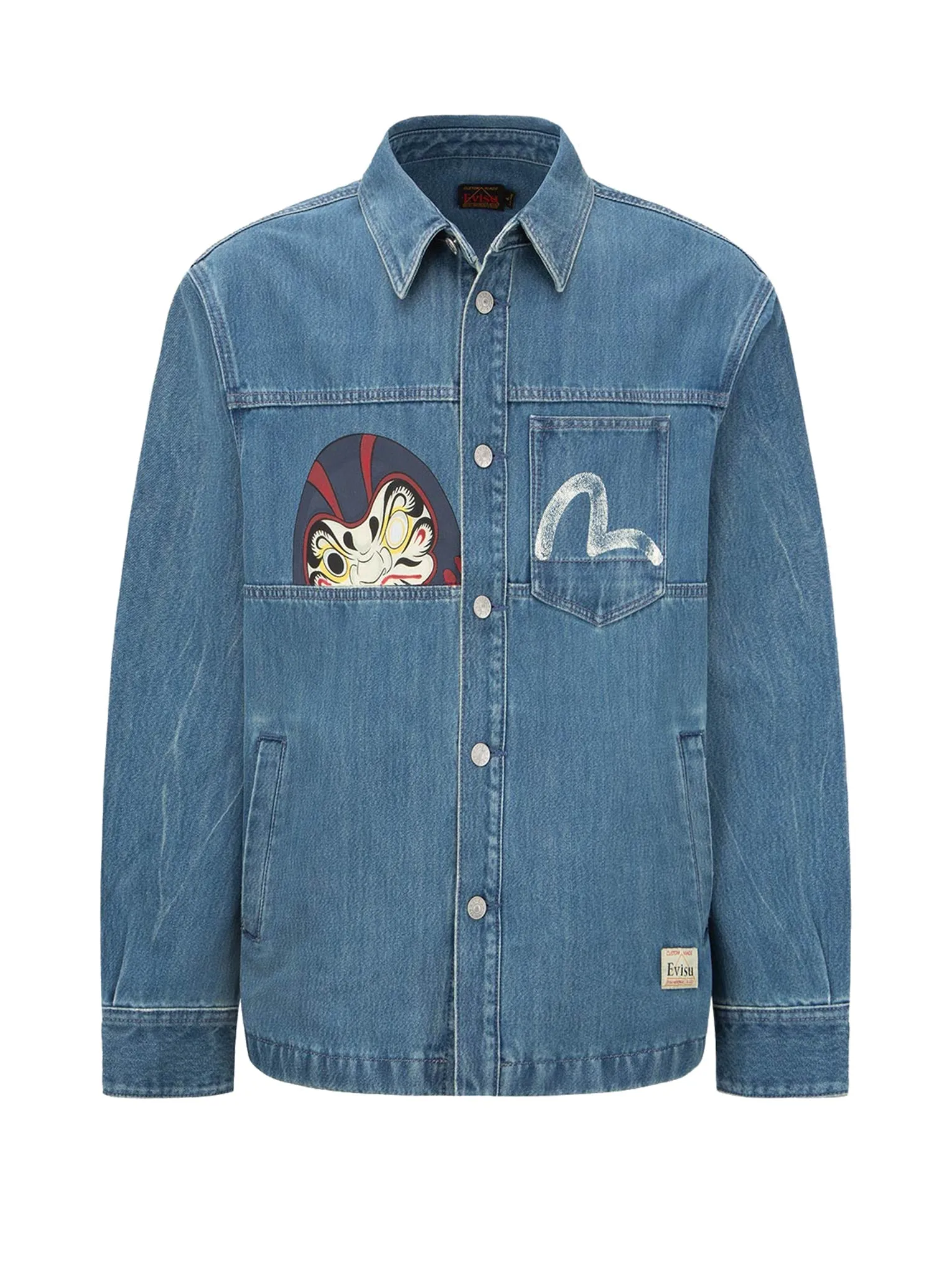 Vintage Daruma Print Denim Shirt Jacket