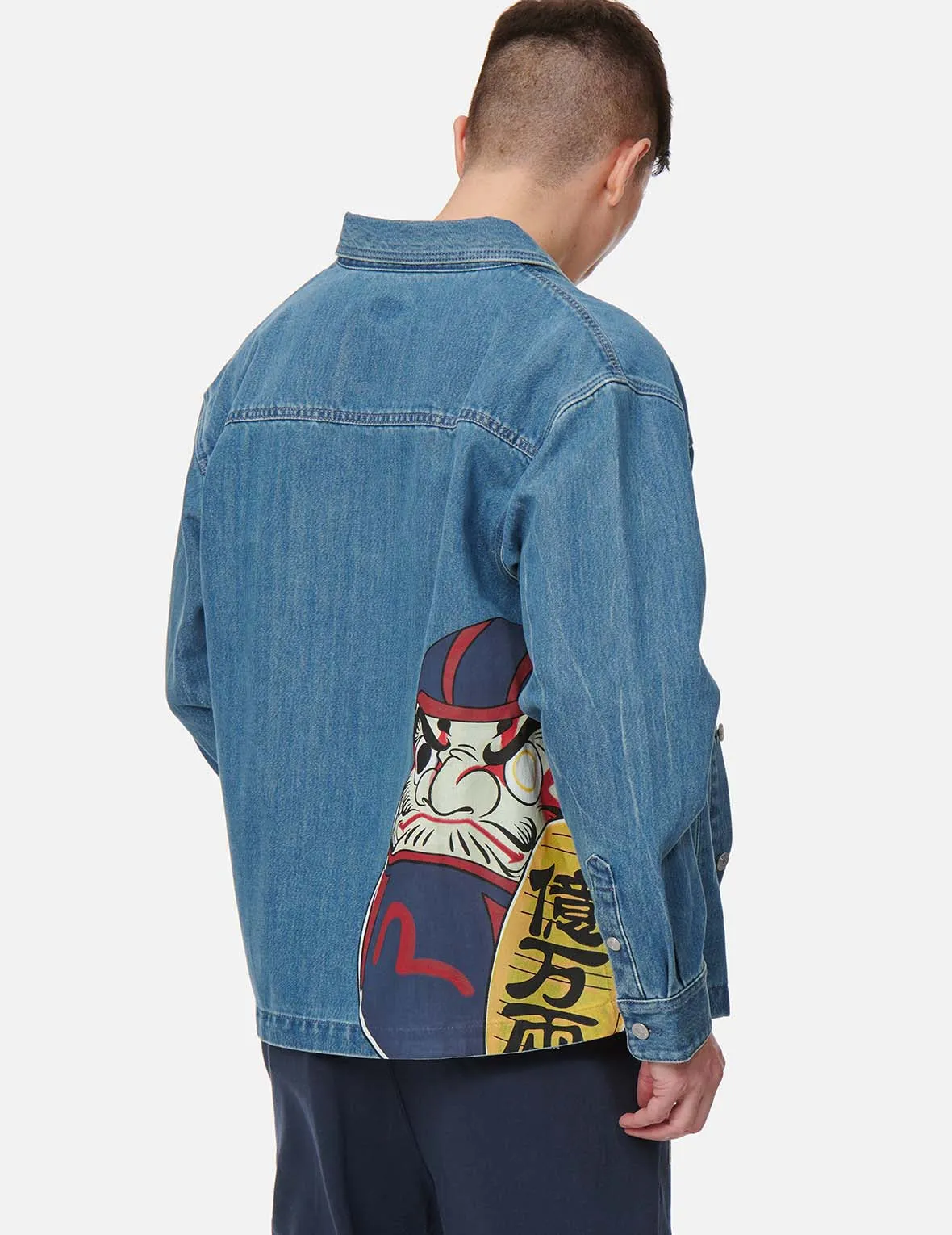 Vintage Daruma Print Denim Shirt Jacket