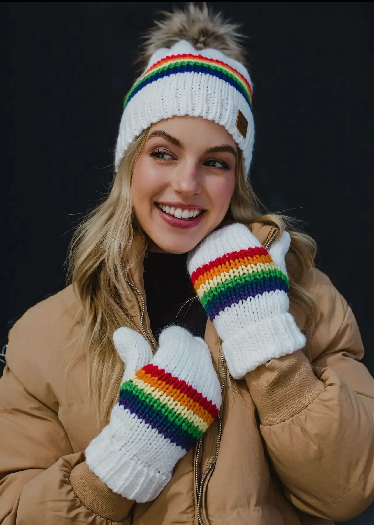 White & Rainbow Striped Pom Hat