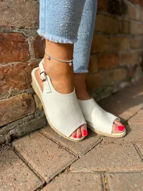 White Open Toe Buckle Wedge - Open Toe Wedge Sandal with White Buckle Detail