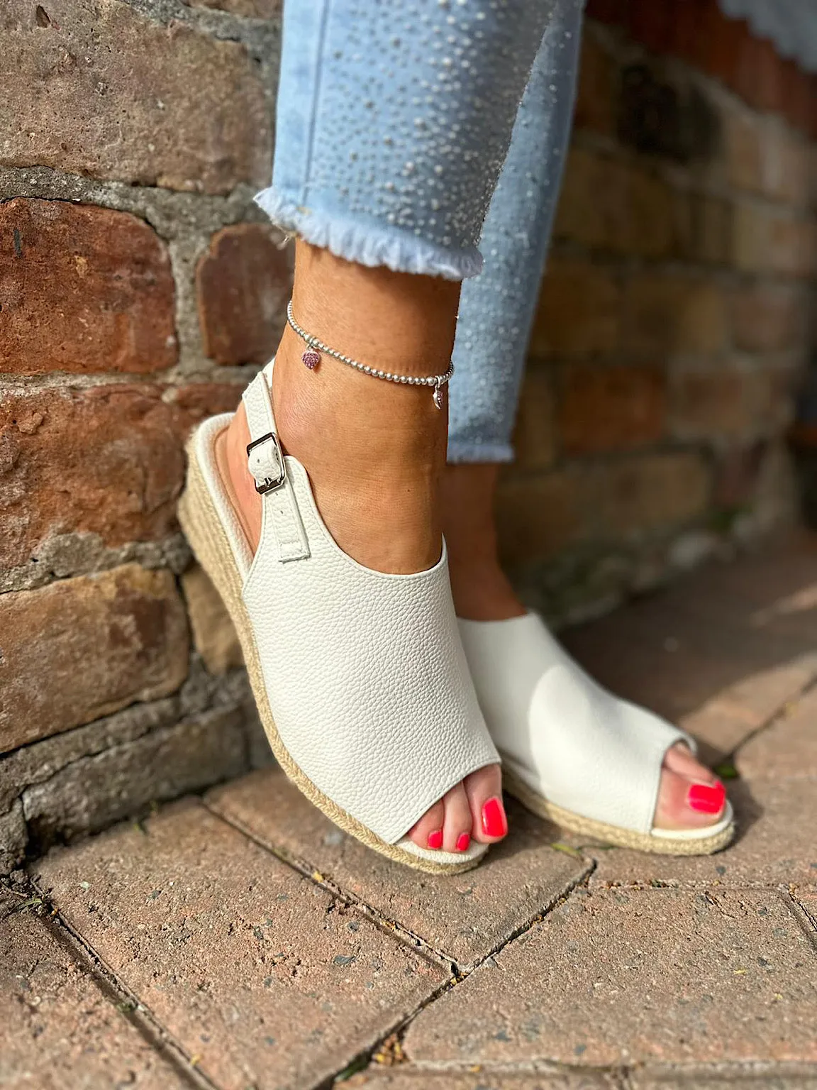 White Open Toe Buckle Wedge - Open Toe Wedge Sandal with White Buckle Detail