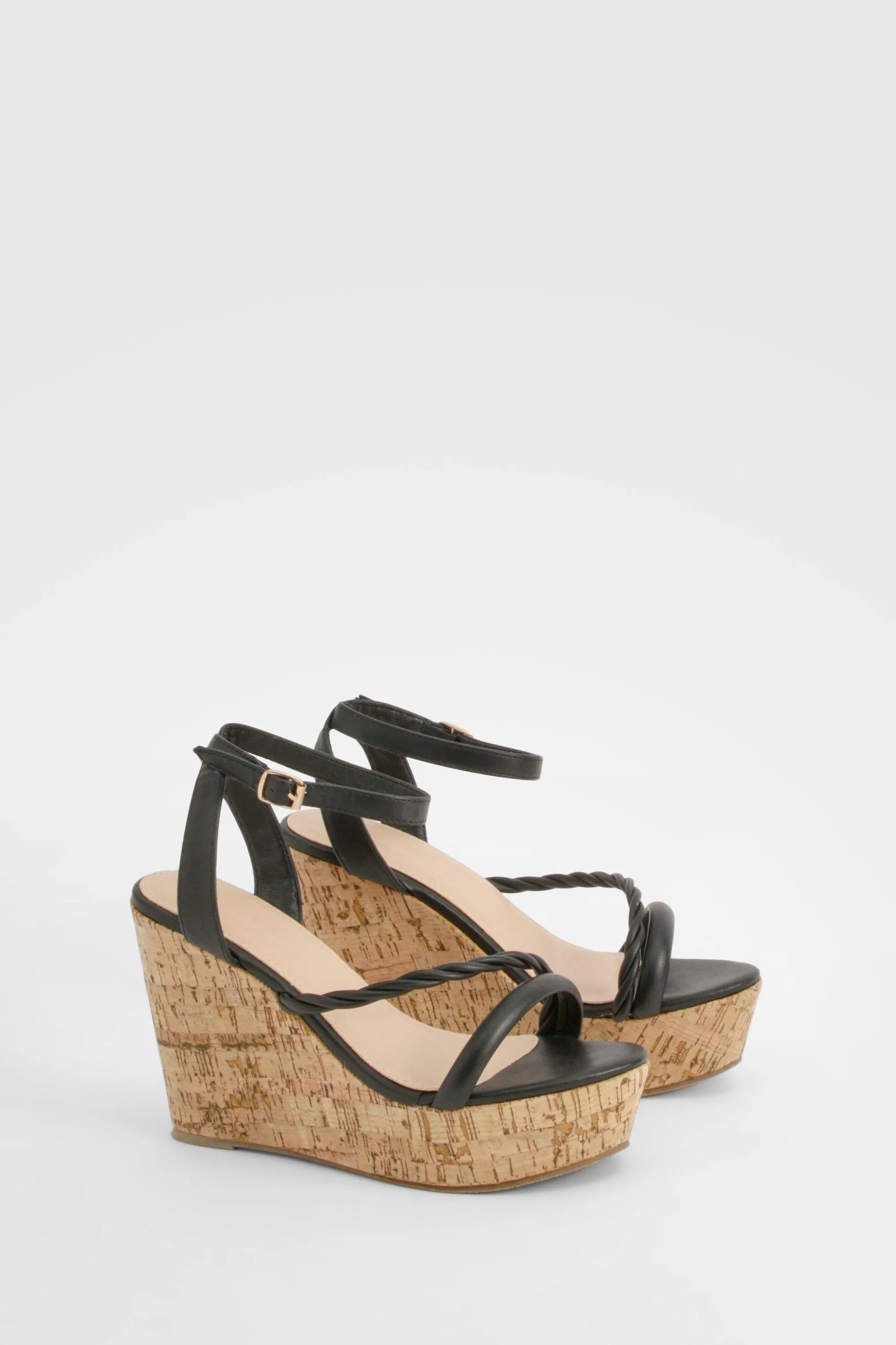 Wide Width Asymmetric Strappy Cork Wedges