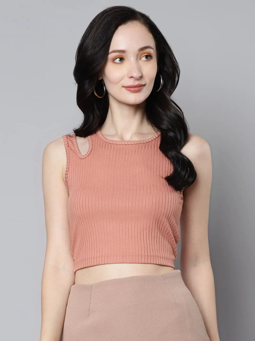 Women Baked Pink Rib Shoulder Cut Out Crop Top