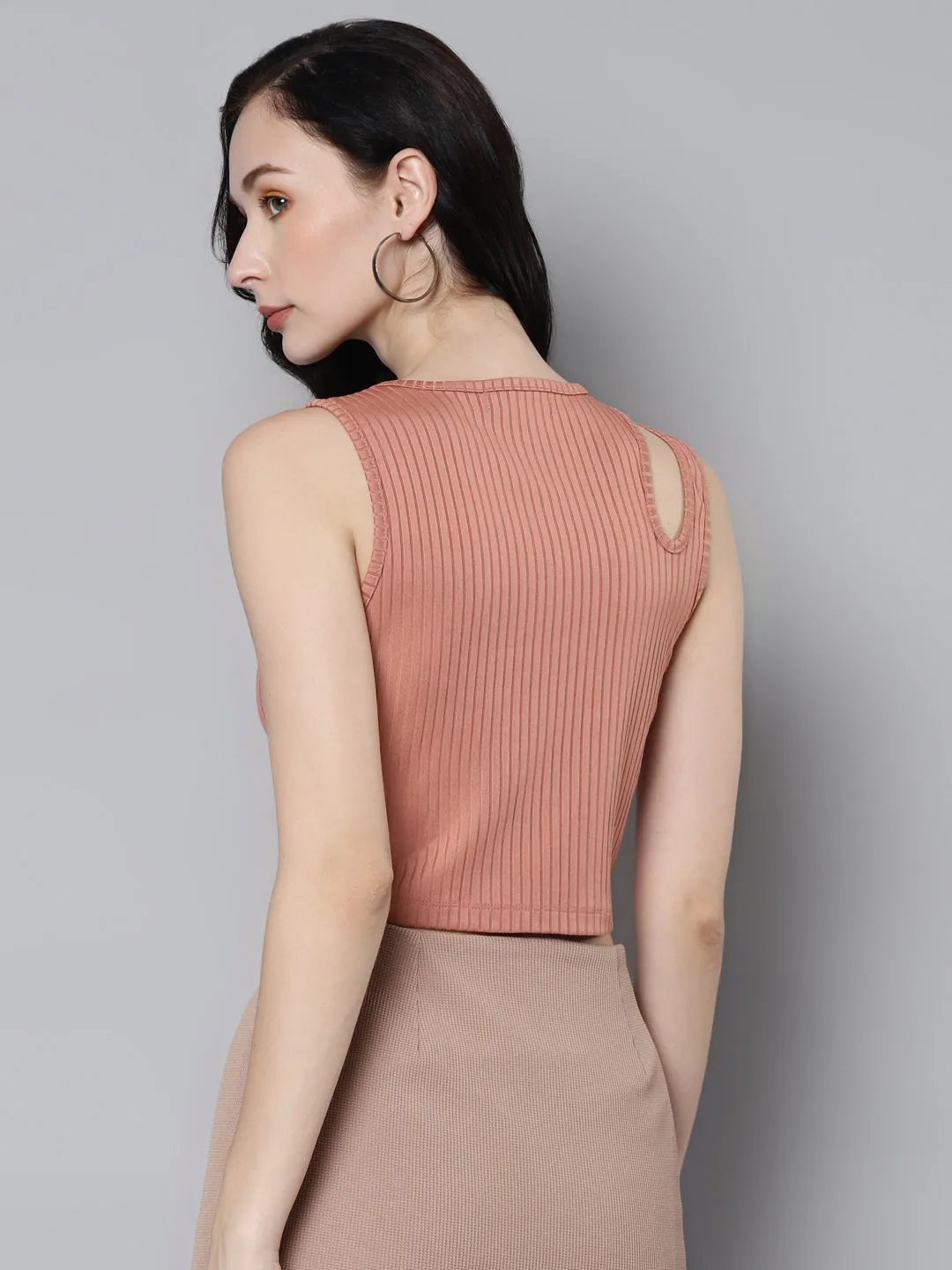 Women Baked Pink Rib Shoulder Cut Out Crop Top