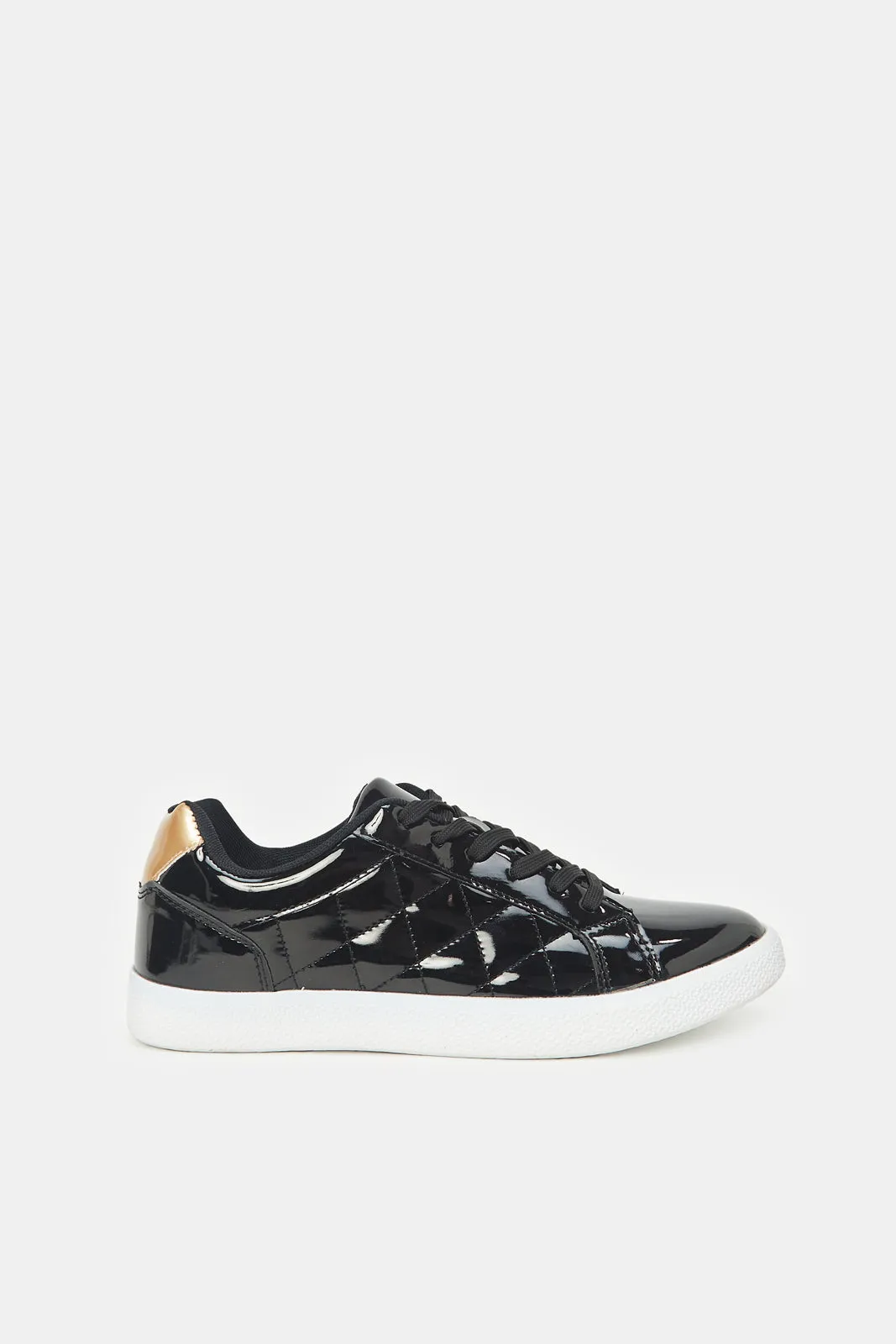 Women Black Patent Quilt Trainer