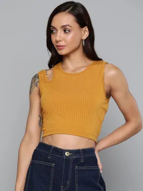 Women Mustrad Rib Shoulder Cut Out Crop Top