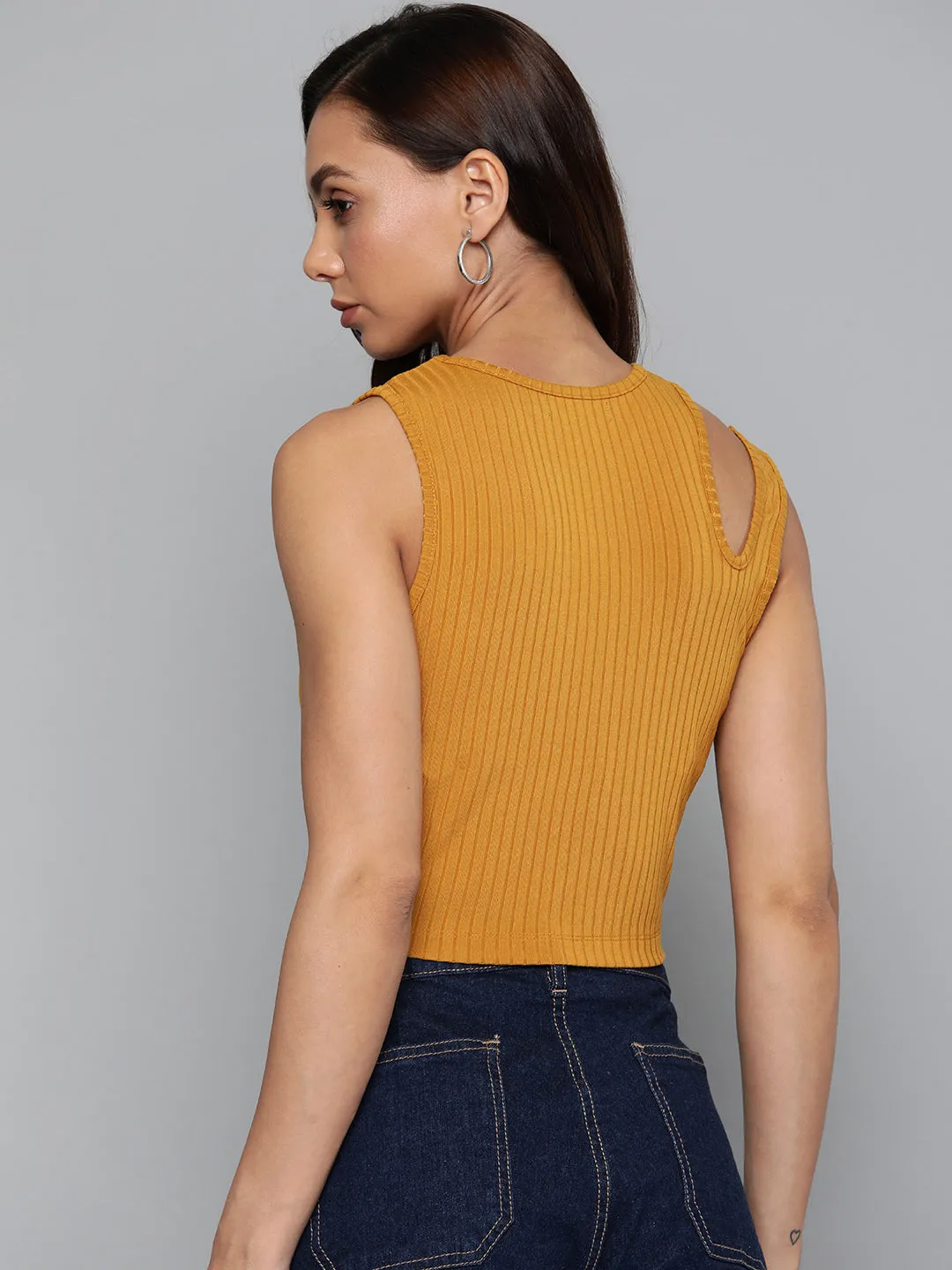 Women Mustrad Rib Shoulder Cut Out Crop Top