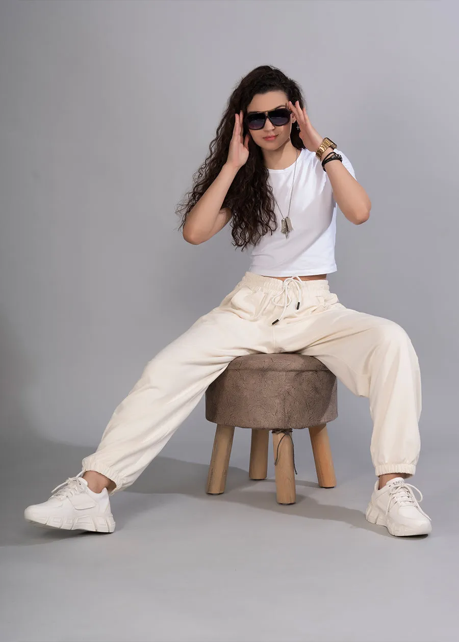 Women Premium Terry Loose Fit Joggers - Off White