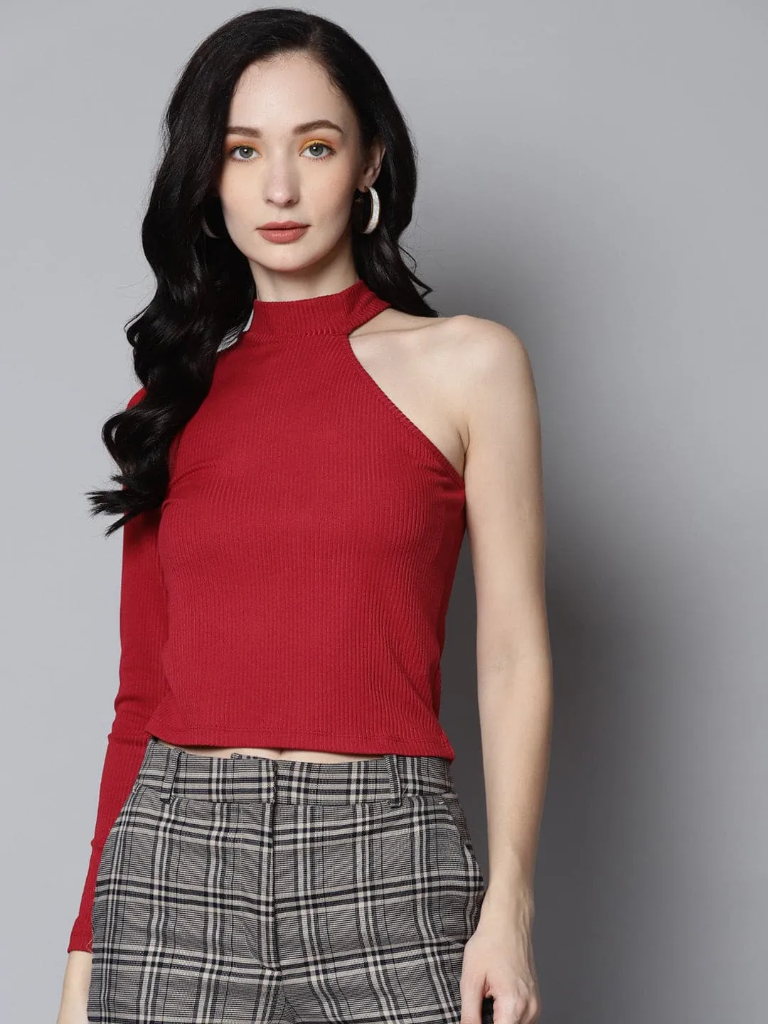 Women Red Rib One Shoulder Collar Crop Top