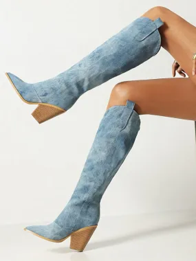 Women's Chunky Heel Canvas Knee-High Western Boots