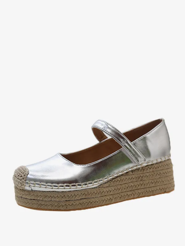 Women's Metallic Platform Wedges with Round Toe and Buckle Detail