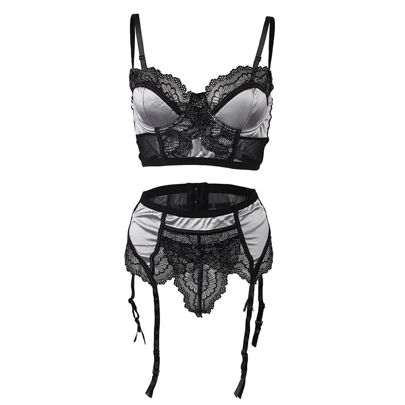 Sexy Lace Bra Intimates and Lingerie Set with Suspender Garter for Women