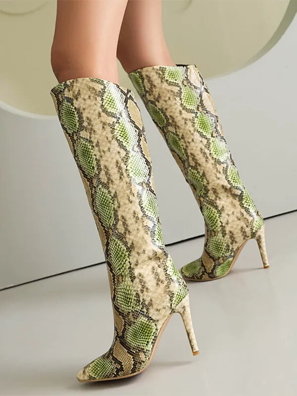 Women's Snake Pattern Stiletto Knee High Boots